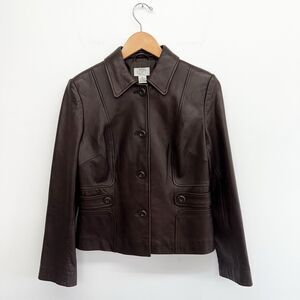 Ann Taylor Loft Women’s Espresso Dark Chocolate Brown  Leather 4 Button Collar J